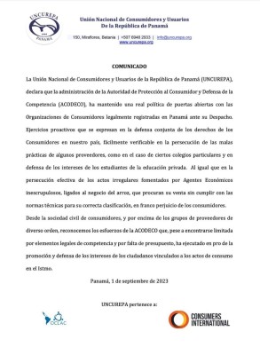 Comunicado de la Uncurepa en reconcomiendo a la gestión de la Acodeco.