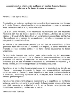 Aclaración sobre información publicada en medios de comunicación referente al Dr. Javier Alvarado y su esposa