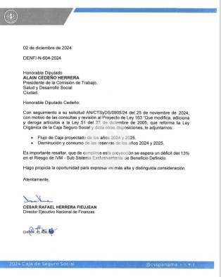 Carta presentada a la Asamblea por director de finanzas de la CSS.