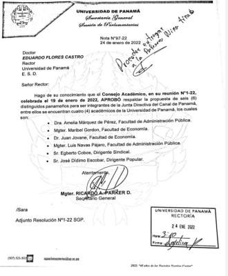 Carta de Ricardo Parker, secretario general de la UP con los nombres de los postulados que apoyan.