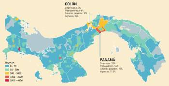 El mapa muestra la hiperconcentración de la actividad económica en el corredor transístmico de Panamá. La actividad económica en Panamá se concentra en el corredor transístmico, donde se ubica el 60% de las empresas y se genera el 91% de los salarios en 2012, evidenciando una disparidad regional en el desarrollo económico.