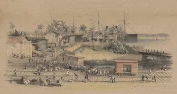 Vista de las instalaciones de la compañía de barcos de vapor del correo de Estados Unidos, en 1854.