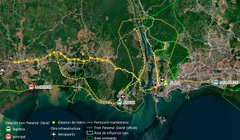 La construcción de infraestructura ha impactado notablemente la franja de bosques que bordea el Canal de Panamá. La ruta para la construcción del tren Panamá -David, tal como se muestra en este mapa impactaría las áreas protegidas existentes en el lado este y los bosques protectores del lado oeste del Canal.