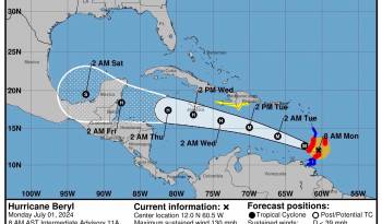 Imagen cedida por el Centro Nacional de Huracanes (NHC) estadounidense donde se muestra el pronóstico de cinco días de la trayectoria del huracán Beryl en la cuenca atlántica.