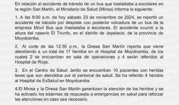 Comunicado de Ministerio de Salud sobre el accidente.