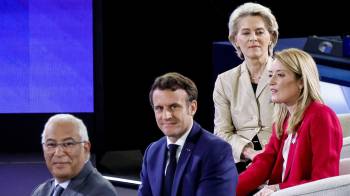 Foto archivo. (I-D) Antonio Costa, Emmanuel Macron, Ursula von der Leyen y Roberta Metsola.