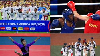 Combo de fotografías de archivo que muestran a la selección masculina de fútbol de Panamá (arriba-i), a la boxeadora panameña Atheyna Bylon (arriba-d), a la gimnasta panameña Hillary Heron (abajo-i) y al equipo de béisbol de Panamá.