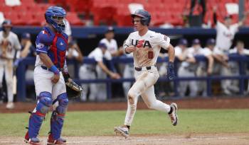 Gavin Fien, de Estados Unidos, fue registrado este sábado, 10 de agosto, al anotarle una carrera de Puerto Rico, durante un partido del Premundial U18 de béisbol, en el estadio Nacional Rod Carew.