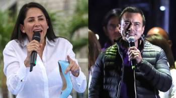 Combo de fotografías donde se observa a la candidata a la presidencia de Ecuador por el correismo, Luisa González, y al presidente y candidato a la reelección a la presidencia de Ecuador, Daniel Noboa.