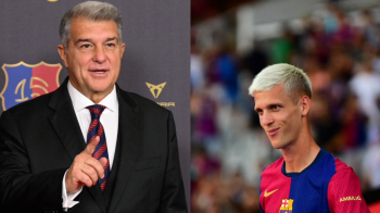 El presidente del FC Barcelona, Joan Laporta (Izq.) y el futbolista español Dani Olmo.