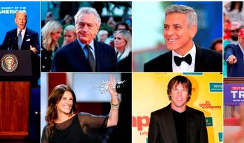 Composición de seis fotografías donde aparece el actual presidentes, Joe Biden (i); el expresidente, Donald Trump (d); los actores Robert Deniro, George Clooney, y Dennis Quaid, y la actriz Julia Roberts.