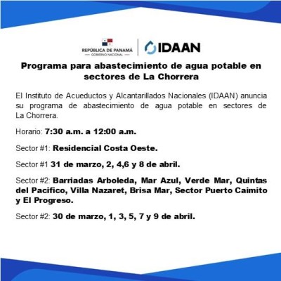Idaan inicia sectorización de agua potable en La Chorrera.