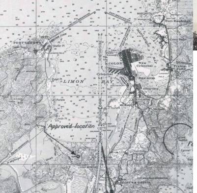 Mapa topográfico que muestra con claridad la configuración de la bahía de Colón, con el rompeolas y el puerto de Cristóbal, además de las nuevas áreas urbanizadas por la ocupación militar de Fort Randolph y Fort Sherma.