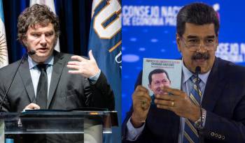 Combo de dos fotografías de archivo de los presidentes de Argentina, Javier Milei (i), y de Venezuela, Nicolás Maduro.