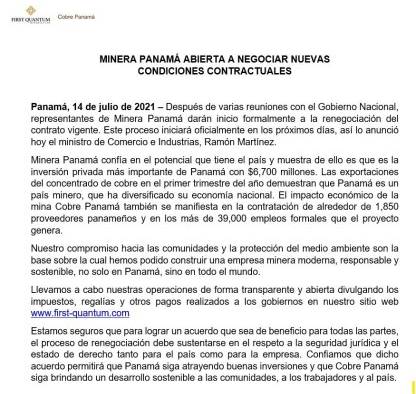 Comunicado de First Quantum Minerals Ltd. sobre renegociación.