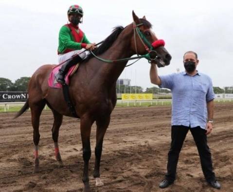 Monty Motta, recibe a uno de sus ejemplares, luego de haber obtenido el triunfo en una competencia hípica.