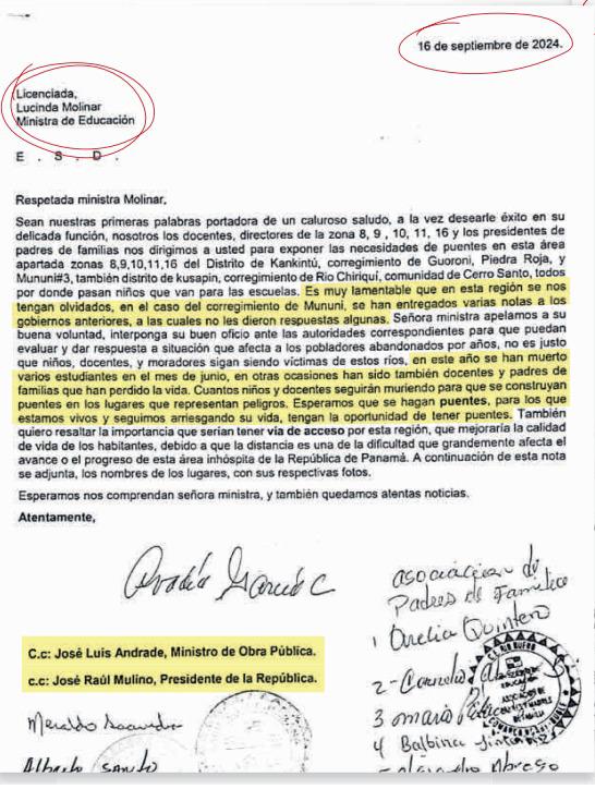 Informes entregados por los docentes de escuelas en el distrito de Kankintú, en la comarca Ngäbe Buglé, dirigido a la ministra de Educación, Lucy Molinar.