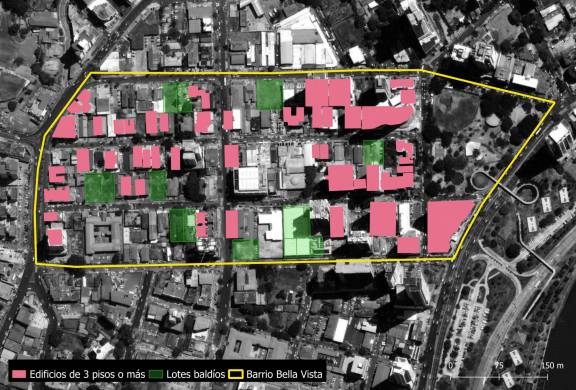 En este plano los límites de la parcelación que llegó a formar la urbanización de Bella Vista. En este se puede observar los lotes baldíos y los edificios en altura que a través del tiempo han ido reemplazando la arquitectura de tipo ‘bellavistino’ que existió originalmente.