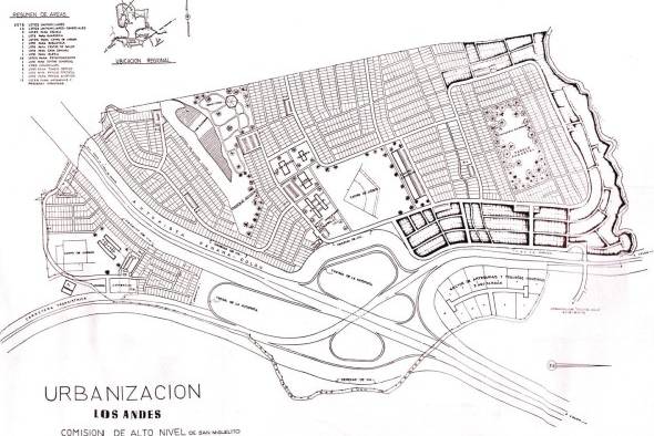 Plano de la lotificación para las urbanización Los Andes, etapas 1 y 2. En él se observan las propuestas de espacios públicos, los dos centros institucionales, y las dos áreas naturales, el parque forestal y el parque acuático, que no llegaron a concretarse.