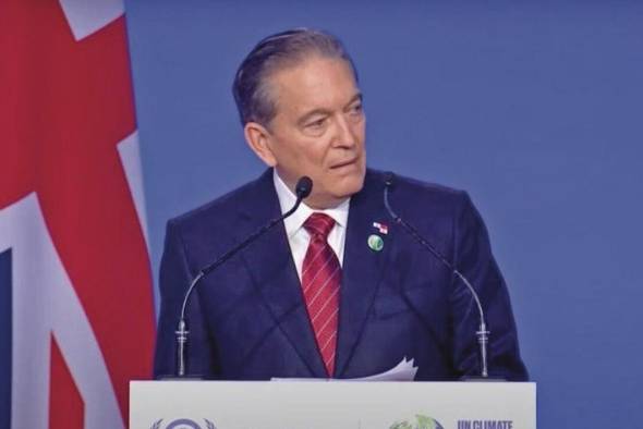 El presidente de la República de Panamá, Laurentino Cortizo Cohen, durante su ponencia en la COP26.