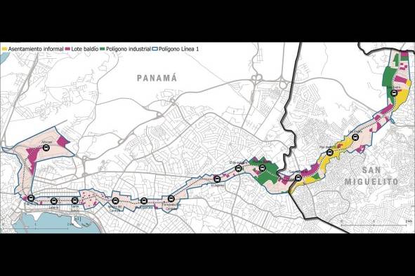 Plano que muestra el polígono de la línea 1 del Metro de Panamá de acuerdo con la Resolución 623-13 del 22 de octubre de 2013. Se pueden observar las áreas que están subutilizadas, ya sea porque corresponden a zonas industriales, lotes baldíos o asentamientos informales, donde se hace necesaria una intervención para mejorar su tejido urbano y calidad de vida.