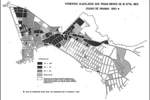 En este mapa se observa cómo las áreas con la mayor proporción de viviendas con un valor mensual de $10 al mes se concentran como un “cinturón de barrios de inquilinato” alrededor del barrio de San Felipe.