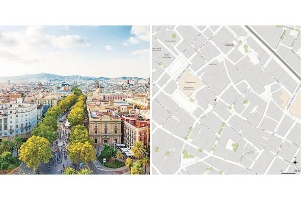 Fotografía del Barri Gotic y la Rambla, Barcelona. Derecha: Diagrama del tejido urbano de París con información geoespacial de ESRI, 2020.