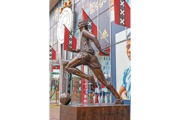 Estatua de Johan Cruyff en la entrada del estadio Ajax, Ámsterdam. Figura sobresaliente del fútbol neerlandés, Cruyff dejó una huella que sigue vigente en el fútbol.