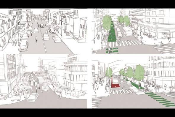 En la imagen izquierda la común situación de invasión del espacio público por automóviles, la indefinición de los sistemas. En la parte derecha la solución ideal que incorpora el transporte público, las bicicletas, arborización, etc.