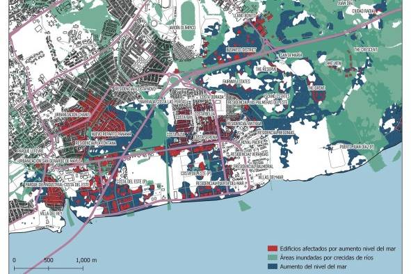 Este mapa muestra la sobreposición de la proyección de aumento del mar ante eventos extremos en 2050, con la mancha de las inundaciones por crecidas de ríos en eventos extremos que ocurren usualmente una vez cada cien años. Como se puede apreciar, hay sectores de la ciudad donde el impacto de ambas amenazas coincide. Con el tiempo, y en la medida en que las temperaturas del planeta aumenten, habrá cada vez más eventos en los que ambas amenazas coincidan en tiempo y lugar.