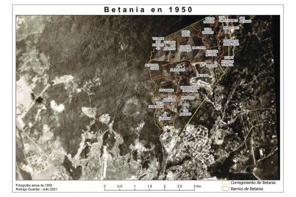 Se observan los barrios de El Cangrejo y Betania en proceso de desarrollarse y cómo los distintos barrios de lo que hoy es el corregimiento de Betania, son terrenos baldíos, algunos cubiertos de árboles o pastizales y con uso agropecuario.