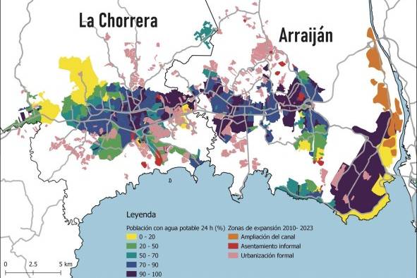 En este mapa de barrios con acceso a agua 24 horas y de áreas de expansión se puede visualizar, cómo los barrios del centro urbano de La Chorrera y Arraiján tienen acceso al agua 24 horas en el 90% de las viviendas, mientras que a medida que los barrios en la periferia, reportan que solo entre el 20 al 60% de las viviendas tienen acceso al agua 24 horas. El mapa también detalla en rosado (barrios formales) y rojo (asentamientos informales), las áreas de expansión urbana entre 2011 al presente