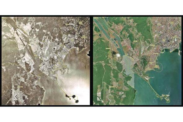 Imagen compuesta comparativa de fotografía aérea en blanco y negro de 1950, y satelital a colores de 2021, con división administrativa y nombres de corregimientos actuales.