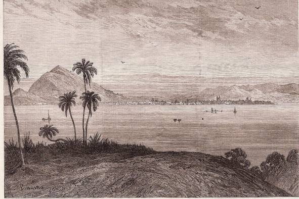 Acuarela, 11 x 16. Vista de la ciudad de Panamá desde lo alto de isla Perico.