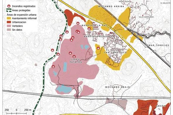 Declarado desastre ambiental, el relleno sanitario de cerro Patacón funciona desde 1985 en este sitio, luego que se decidió la clausura del basurero de Panamá Viejo en 1984. En la actualidad se encuentra rodeado por la expansión urbana, que incluye no solo asentamientos informales, sino también urbanizaciones para clases bajas y medias.