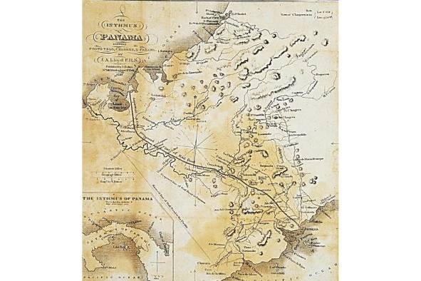 Mapa del istmo de Panamá entre Portobelo, Chagres y Panamá. Este mapa muestra la ruta propuesta para el ferrocarril entre Aspinwall y Panamá. Publicado por J. Oakes 140 Maiden Lane, New York. The Huntington Library, Los Ángeles, CA, EE. UU.