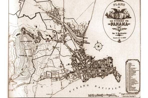 Plano de la ciudad de Panamá para 1904 elaborado por C. Bertoncini. Muestra la ciudad poco después de la separación de Colombia y antes de la construcción del Canal de Panamá. Destacan las áreas de expansión hacia el noreste, más allá de la línea del ferrocarril, donde se encontraban poblados como San Miguel, El Marañon y Guachapali.