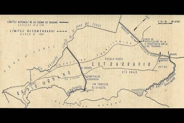 Mapa de 1950 que muestra los límites de la ciudad para 1938 y 1952.