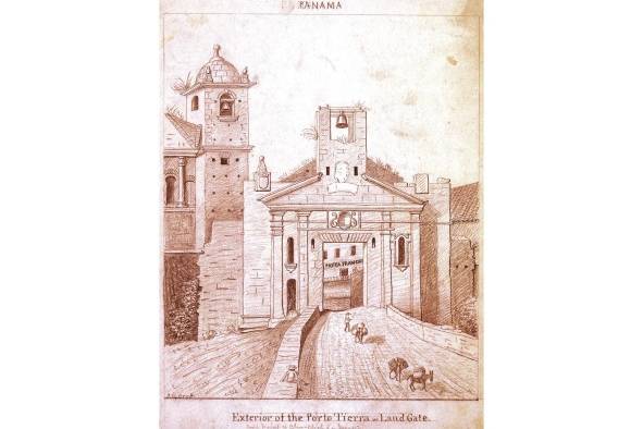 Dibujo desde el exterior de la Puerta de Tierra de la ciudad de Panamá por el artista Joseph Goldsborough Bruff, 1851. Dibujo a lápiz, 26 cm x 21 cm.