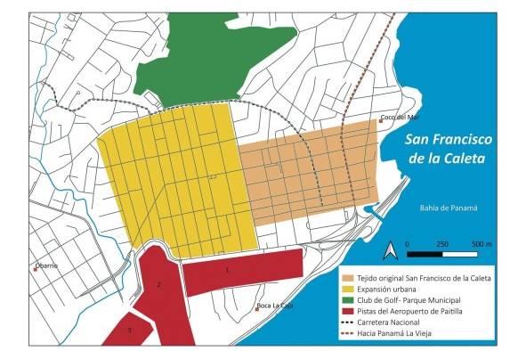 Vista de los terrenos planificados como pista de aterrizaje No. 3 del aeropuerto de Paitilla, que luego fueron cedidos al sistema educativo nacional. En primer plano el Instituto Profesional Isabel Herrera Obaldía, Multiplaza y el barrio de San Francisco de la Caleta al fondo.