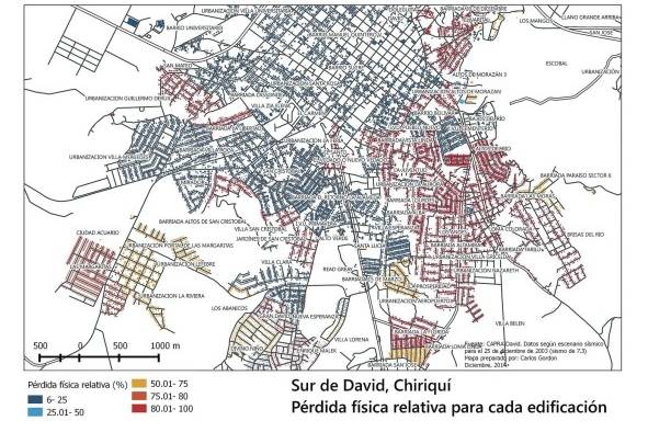 En este mapa presentamos un análisis probabilístico de la ocurrencia de sismos en el sur de la ciudad de David y la pérdida esperada debido a afectaciones en las viviendas.