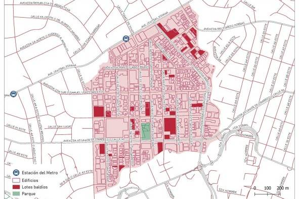 En este plano se pueden observar los lotes baldíos existentes en Obarrio, concentrados principalmente hacia la Avenida 3a Sur y al noreste de la Vía Brasil. Los lotes baldíos corresponden al 9% de las 72 hectáreas que comprenden la propiedad urbana de este barrio.