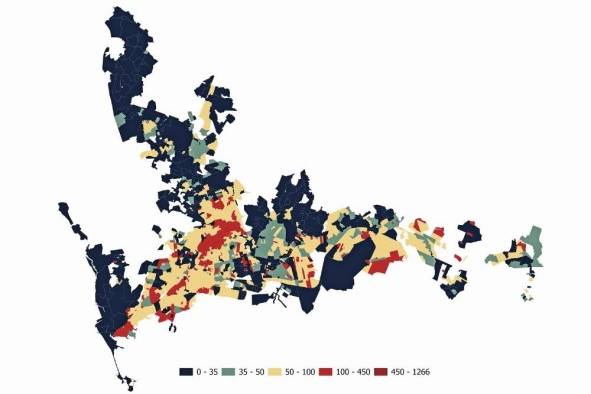 La densidad de población de la ciudad de Panamá, según el censo 2020, es de 49 habitantes por hectárea. No obstante, como se puede observar en el mapa, los sectores periféricos de la ciudad –áreas revertidas, periferia norte y este– mantienen densidades menores a los 35 habitantes por hectárea.