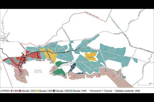 Mapa de la huella urbana de la ciudad de Panamá para 1950. Refleja el crecimiento que se había dado en áreas como Río Abajo, Parque Lefevre y Vista Hermosa, zonas hacia las que se había mudado parte de la población afroantillana que laboró en la construcción del Canal. Entre los censos de 1940 y 1950 la mayoría de estos barrios sufrió un incremento poblacional del 100% o más.