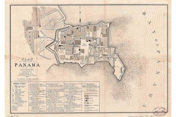 Mapa de la ciudad de Panamá para 1850, justo antes de la construcción del ferrocarril. Muestra una ciudad medieval en decadencia, con muchos solares abandonados. Se puede visibilizar el muro y el foso, del lado que daba hacia el arrabal santanero.