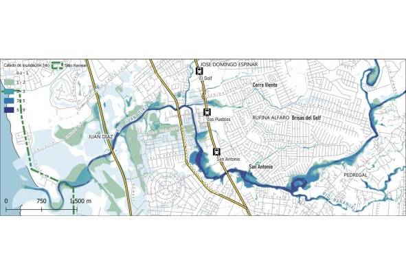 Mapa de inundación: Este mapa muestra el calado o profundidad de la máxima inundación posible en un período de 100 años. Muestra el sector donde el río Juan Díaz intersecta las avenidas Domingo Díaz y José Agustín Arango. Esta zona es un área de inundaciones recurrentes, especialmente en áreas como el centro comercial Los Pueblos.