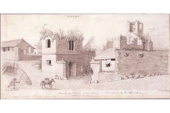 Dibujo desde el interior de la Puerta de Tierra desde la puerta de la iglesia de La Merced en ciudad de Panamá, 1851, por el artista Joseph Goldsborough Bruff. Dibujo a lápiz, 20 cm x 40 cm.