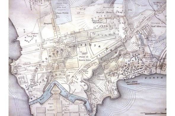 En este mapa de la ciudad de Panamá de 1857, elaborado por H. Tiedemann, se puede observar la existencia de propiedades indicadas como en estado ruinoso. Una en la esquina de la avenida Central y la plaza de Santa Ana, en lo que hoy es la casa Heurtematte. Hacia el sector de La Ciénaga –hoy barrio chino–, y por el camino que conducía hacia la iglesia de Malambo, también se observan propiedades señaladas como en ruinas en el mapa.