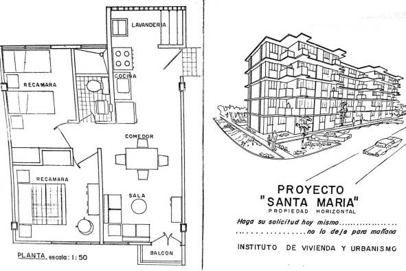 Plano arquitectónico y vista del diseño de los edificios conocidos como Santa María y construidos sobre la Avenida Ricardo J. Alfaro, área de expansión urbana de la ciudad de Panamá en la década de 1970.