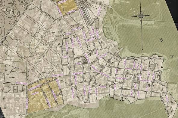 Este mapa de la Isthmian Canal Comission de 1910 muestra el sistema de calles numeradas y avenidas por letras, el cual reemplaza al viejo sistema hispánico que utilizaba mayormente nombres de personajes y de provincias o lugares del interior del país.